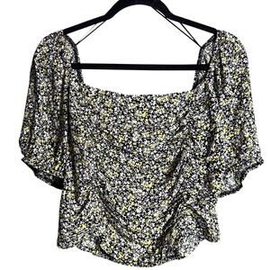SOPHIE RUE Floral Crop Top NWT Puff Sleeve Black Yellow Pink Size XL